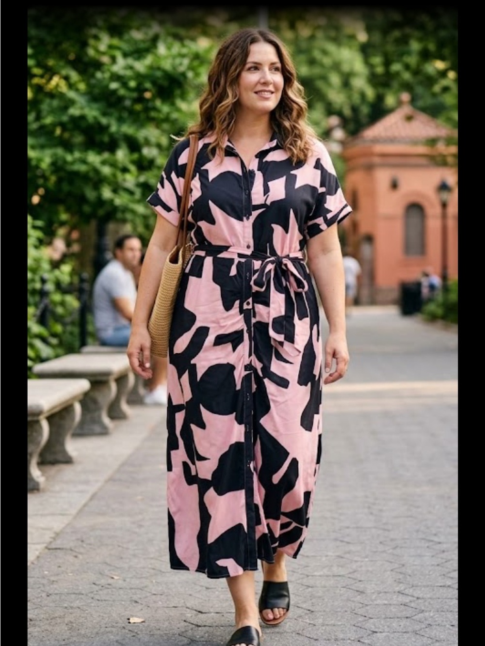Wayward fancies Abstract Pink & Black Maxi Shirt Dress with Tie Waist